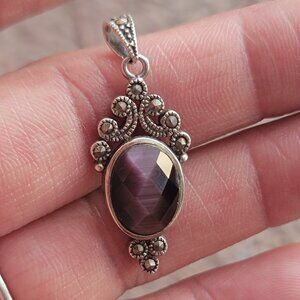Gorgeous vintage purple cat's eye checkerboard 925 sterling silver marcasite